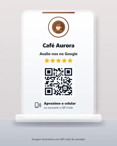 Prévia da plaquinha no estilo Clara, com a logo de um café, estrelas e QR Code de exemplo