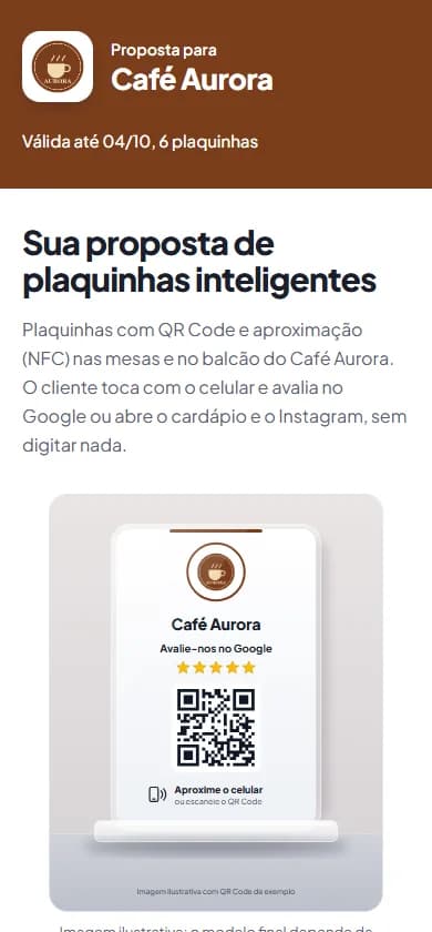 Proposta de plaquinhas para um café, aberta no celular, com a logo do cliente e a prévia da plaquinha